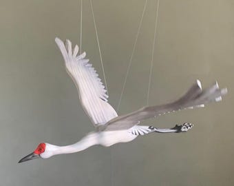 Sandhill Crane Mobile | Hand Carved Wooden Bird Sculpture | Scandinavian Coastal Decor | Kinetic Hanging Art | Bird Lover Gift | Hanging Art