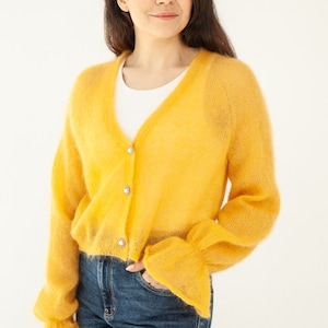 Yellow Oversized knit cardigan &quot;Eva&quot;. Knit woman cardigan.Mohair and silk cardigan. Women gift idea
