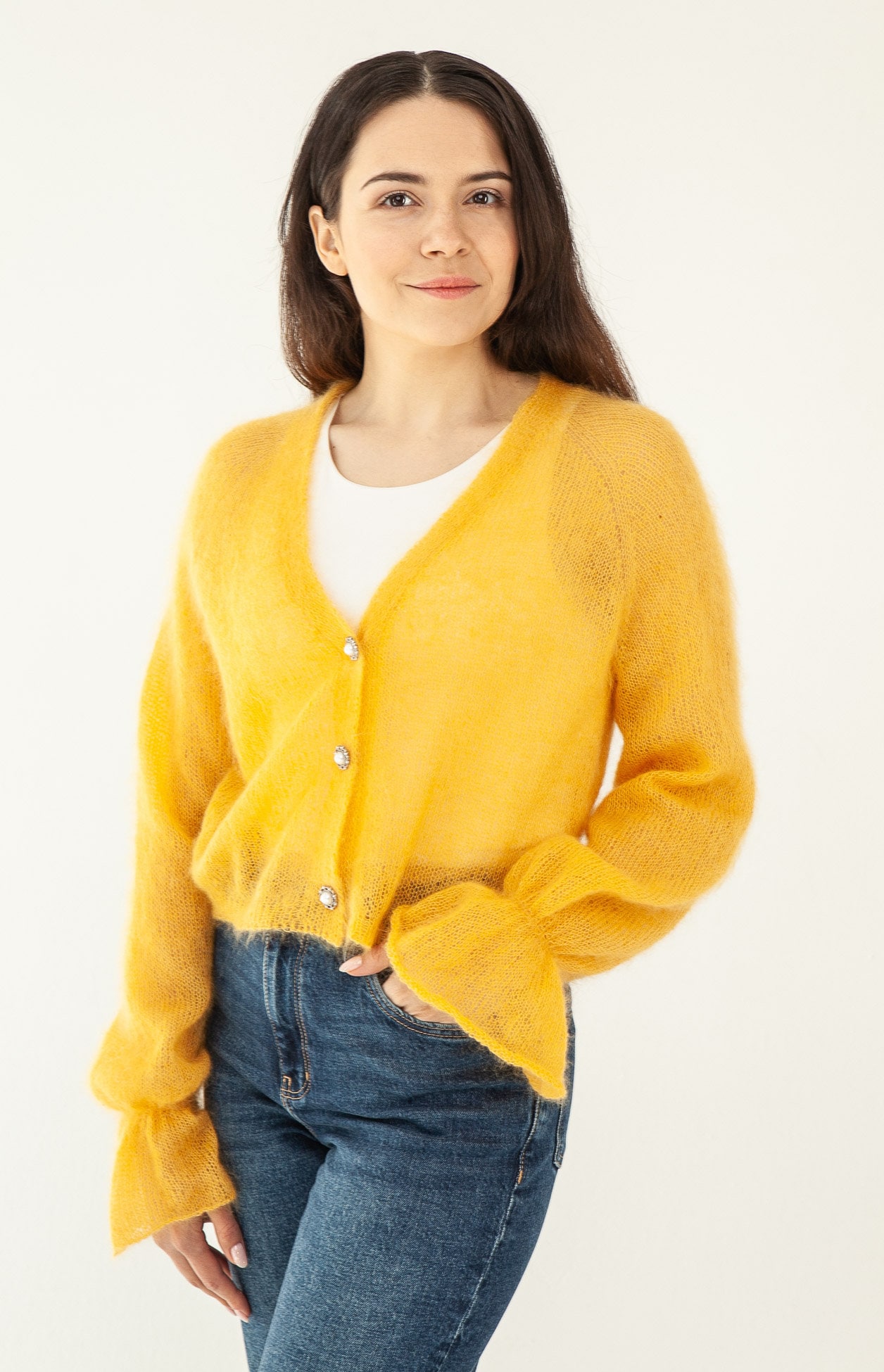 Yellow Mohair Knit Cardigan: Oversized Silk Blend, Jeweled Buttons