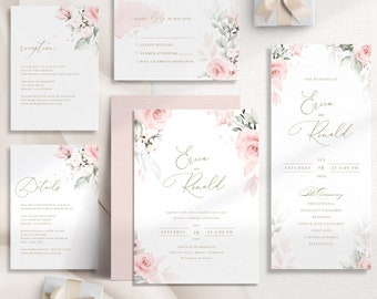 Watercolor Floral Wedding Invitation Template with Pink Peony, 5 Piece Suite, Digital Download   - S002D