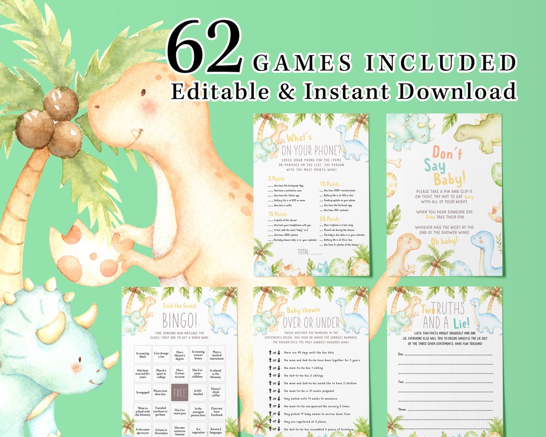 Dinosaur Baby Shower Game Bundle Super Cute 62 Games Instant Etsy