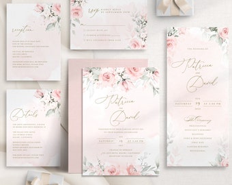 Pink Peony Wedding invitation Suite Template, Watercolor Floral Wedding Invitation, Digital Download - S002A