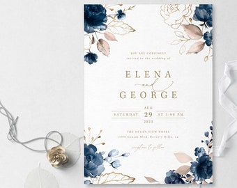 Navy Blue and Gold Wedding Invitation Template Download 5"x7" - S001A