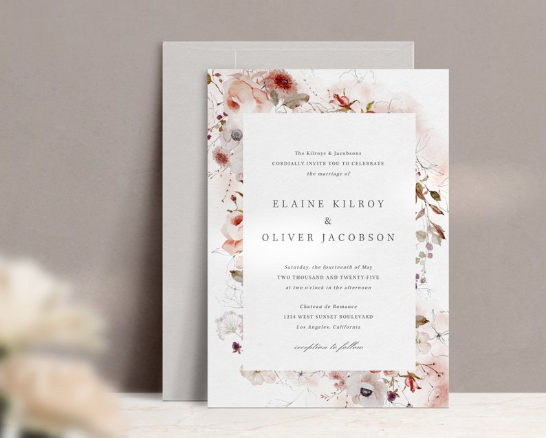 Watercolor Floral Wedding Invitation Template, Instant Edit and Download S012A image 3
