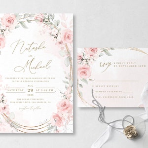 Bloemen bruiloft uitnodiging sjabloon set met aquarel pioenroos, RSVP inbegrepen, digitale download - S002E