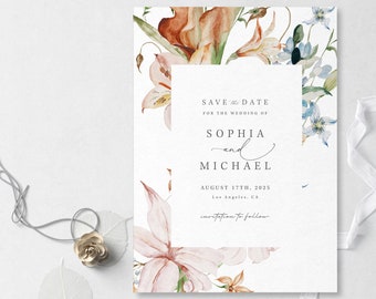 Botanical Save the Date Template With Dusty Flowers, Instant Edit and Download - S010A