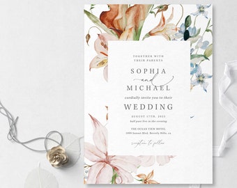 Botanical Wedding Invitation Template in Watercolor Style, Digital Download - S010A