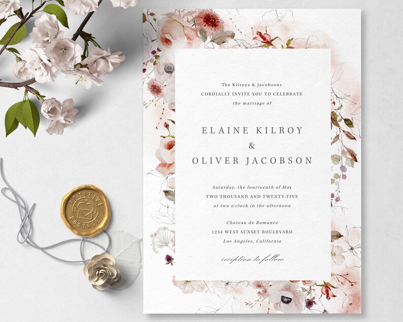Watercolor Floral Wedding Invitation Template, Instant Edit and Download S012A image 8