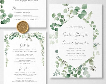 Rustic Wedding Invitation Template With Greenery, 3 Piece Suite, Digital Download - S014B