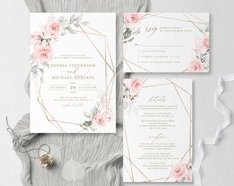 Geometric Wedding Invitation Suite Template With Watercolor Flowers, Instant Edit & Download - S002C