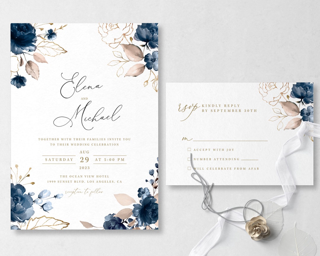 Navy Blue Wedding Invitation Template Set, Instant Edit and Download ...