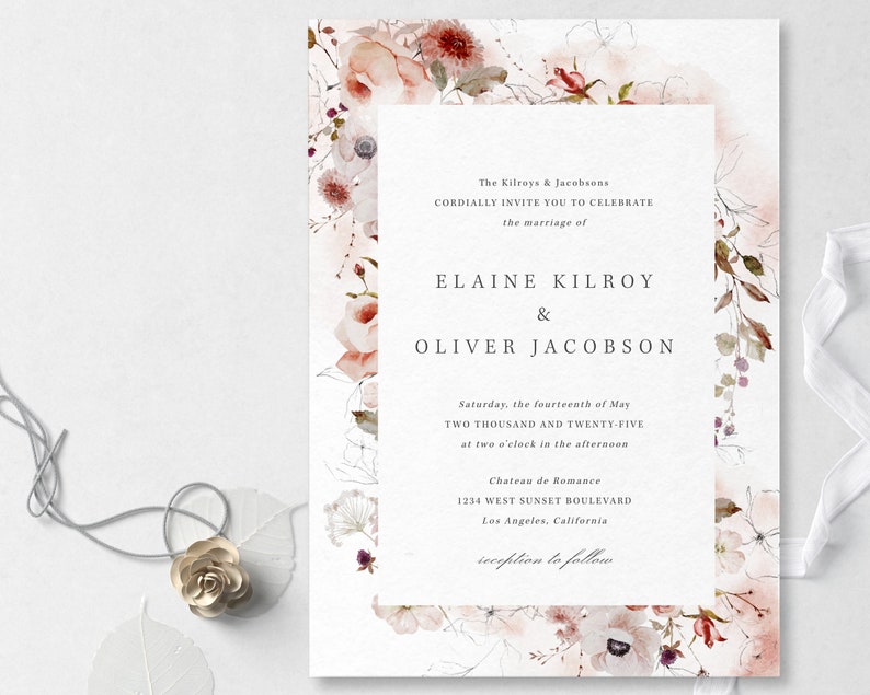 Watercolor Floral Wedding Invitation Template, Instant Edit and Download S012A image 1