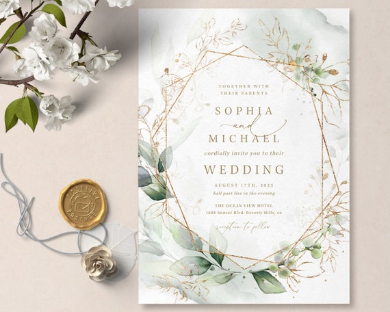 Geometric Wedding Invitation Template Watercolor Greenery & | Etsy