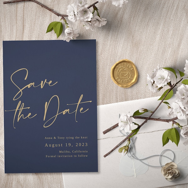 Navy Blue Save the Date Template (5"x7" and 3.5"x5", both sizes included), Digital Download - S005A