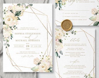 Geometric Wedding Invitation Suite Template With Watercolor Flowers, Instant Edit & Download S015B