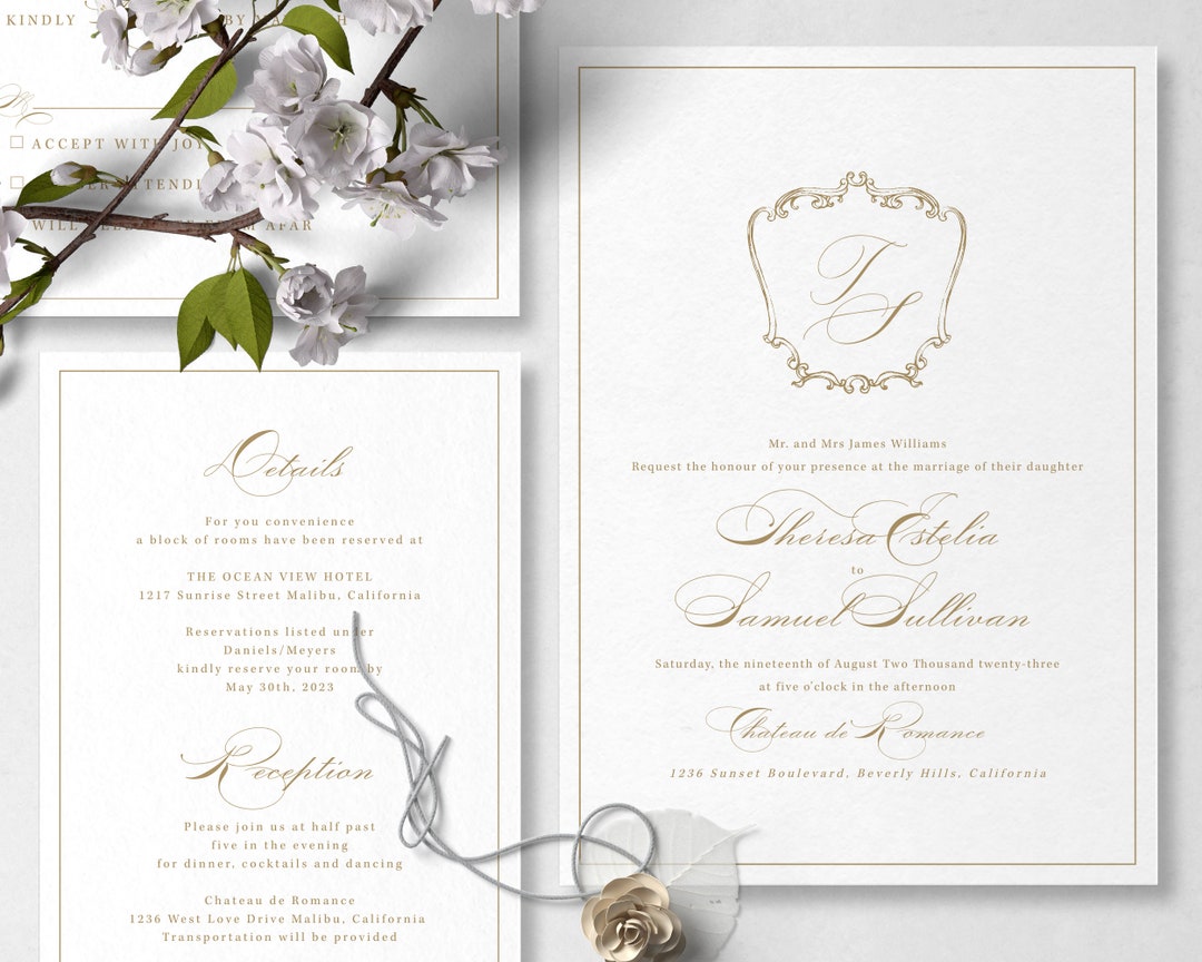 Monogram Wedding Invitation Template, 3 Piece Suite With Victorian