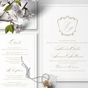 Monogram Wedding Invitation Template, 3 Piece Suite With Victorian Style Art and Classic Calligraphy, Digital Download - S007A