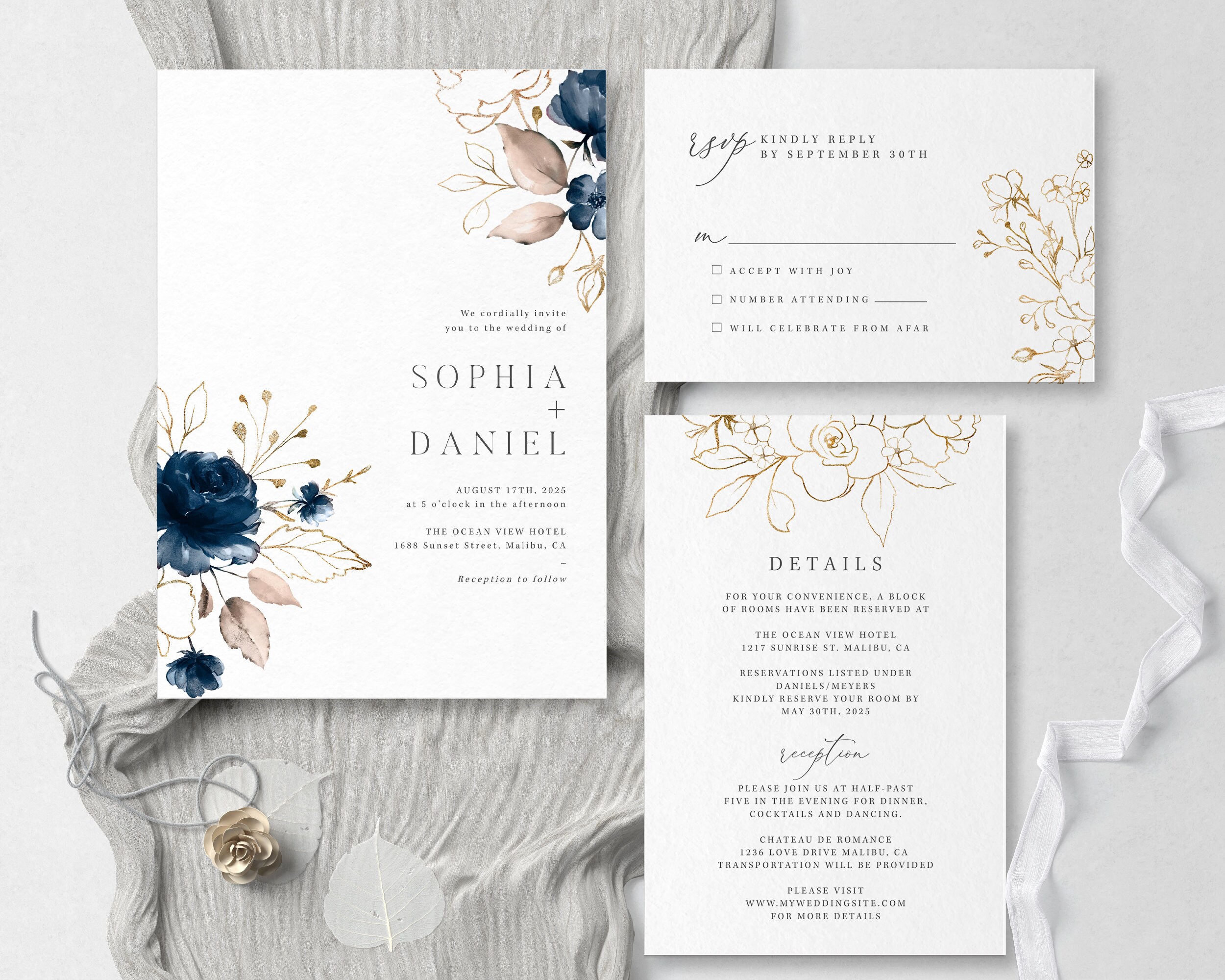 Navy Blue Wedding Invitation Template Download, 3 Piece Suite S001C - Etsy