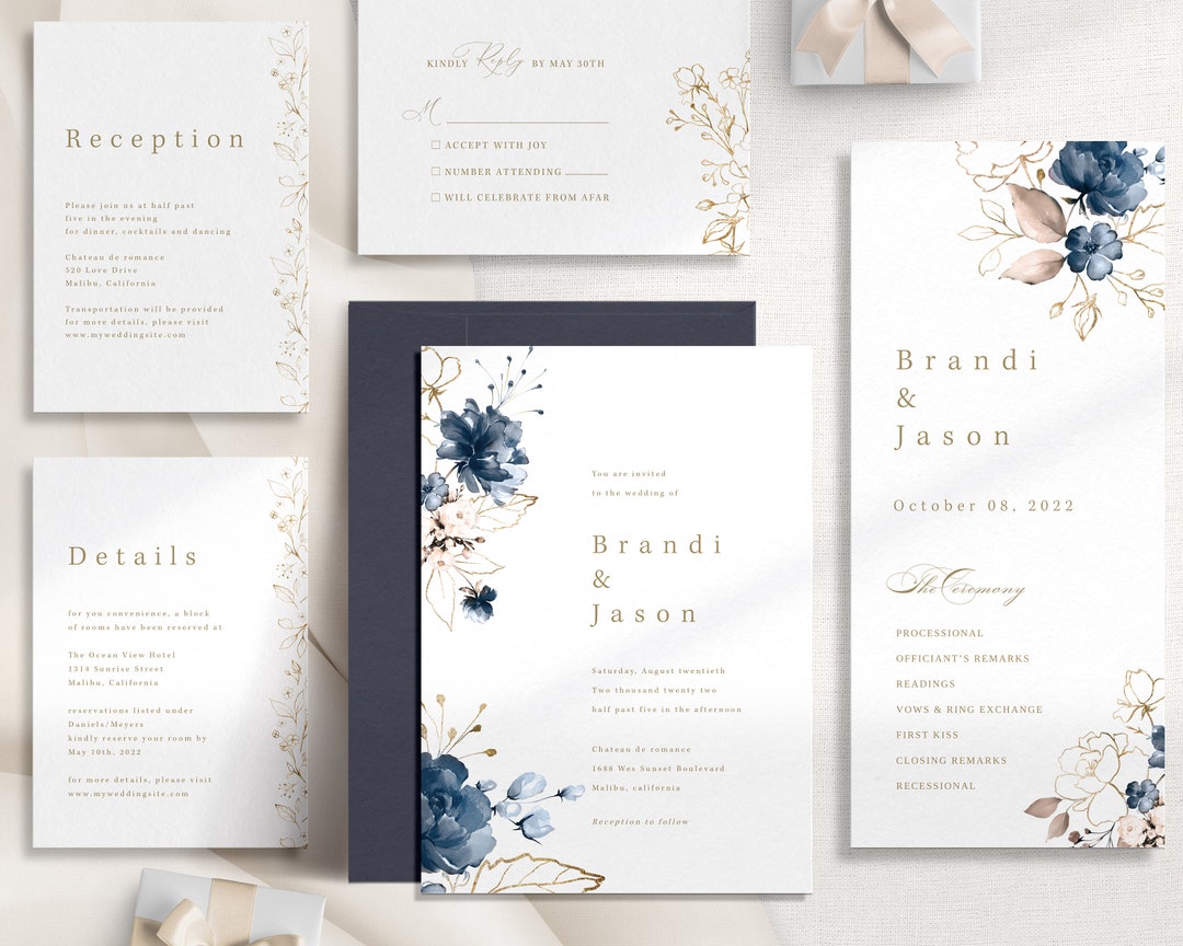 Navy Blue Wedding Invitation Template, 5 Piece Suite Digital Download ...