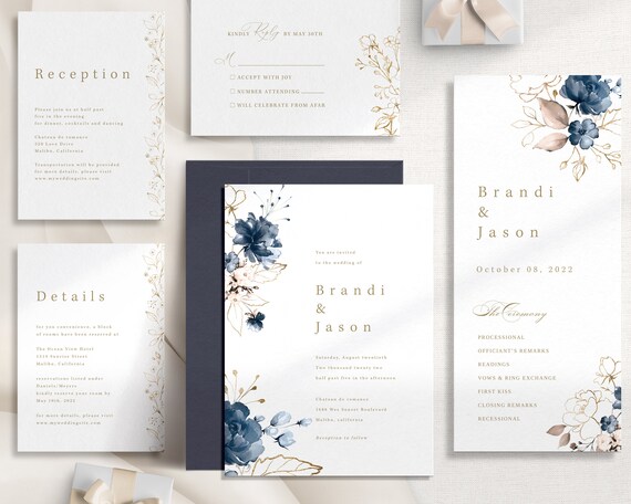 Navy Blue Wedding Invitation Template 5 Piece Suite Digital - Etsy