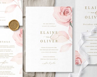 Floral Wedding invitation Suite Template With Pink Peony, Digital Download - S002B