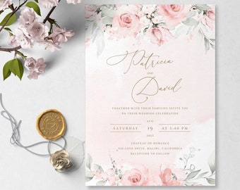 Floral Wedding Invitation Template Download with Pink Peony - S002A