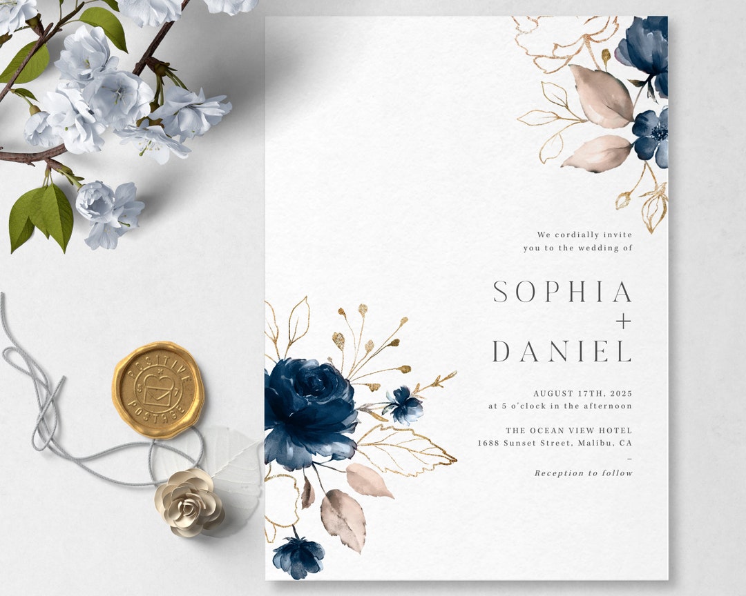 Navy Blue Wedding Invitation Template Download 5x7 S001C - Etsy