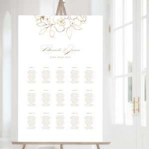 Bruiloft zitplaatsen grafiek sjabloon (3 maten) met gouden bloem, portret en liggend formaat, direct bewerken en downloaden