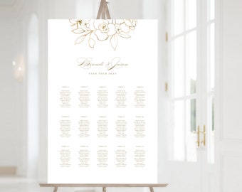 Wedding Seating Chart Template (3 sizes) With Gold Flower, Portrait and Landscape Format, Instant Edit and Download