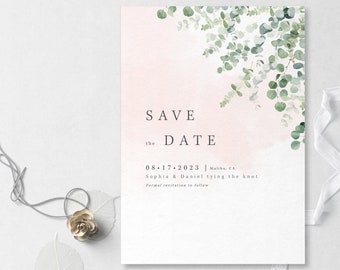 Simple Greenery Save the Date Template With Watercolor Eucalyptus, Digital Download - S014C