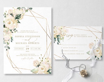 Geometric Wedding Invitation Template With Watercolor Flowers, RSVP Included, Digital Download - S015B