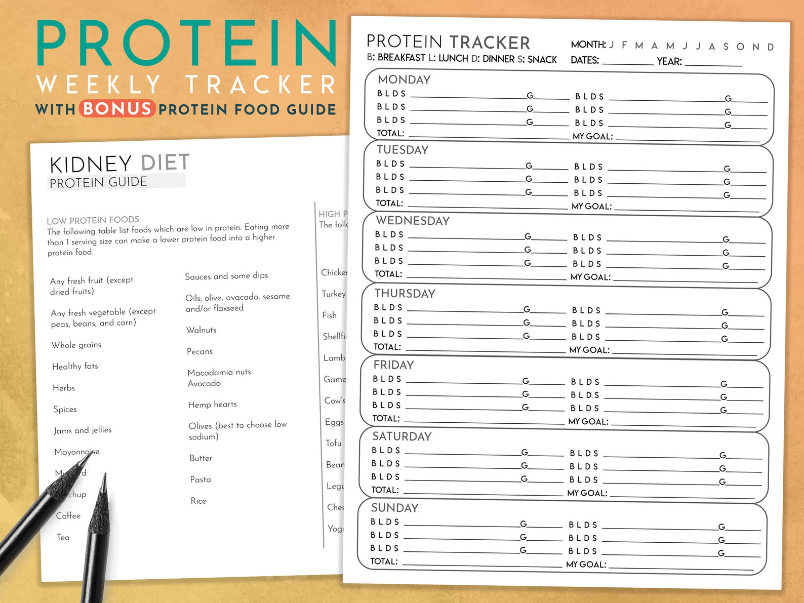 Protein Weekly Tracker Low or High Protein Diet A4 &amp; US - Etsy