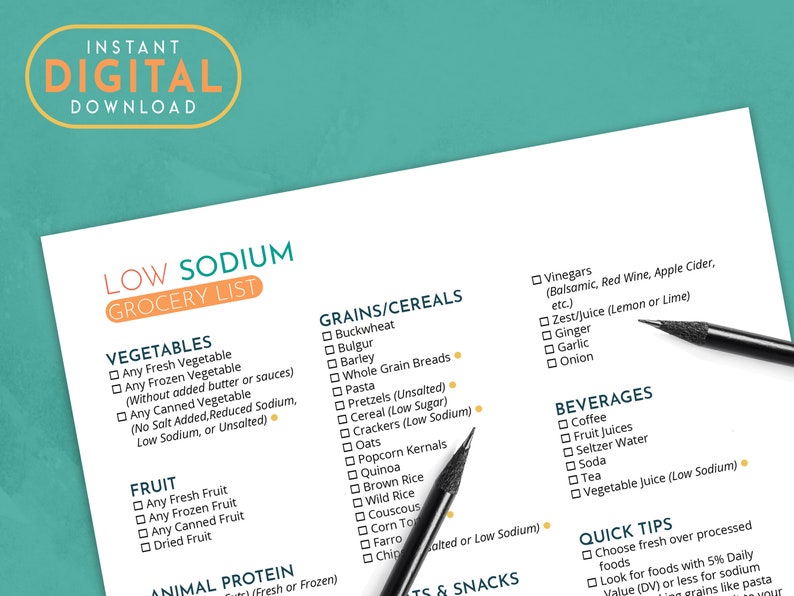 Low Sodium Diet Grocery List A4 &amp; US Letter Printable PDF - Etsy