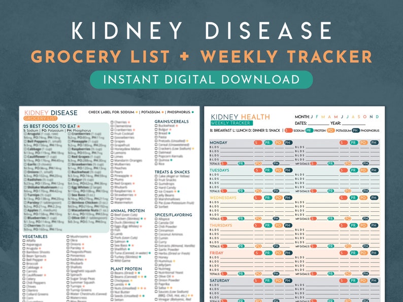 Kidney Disease Grocery List Weekly Tracker Track Protein, Potassium