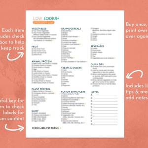 Low Sodium Diet Grocery List A4 &amp; US Letter Printable PDF | Etsy