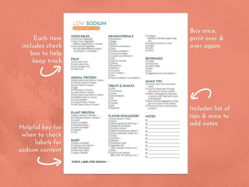 Low Sodium Diet Grocery List A4 & US Letter Printable PDF Etsy