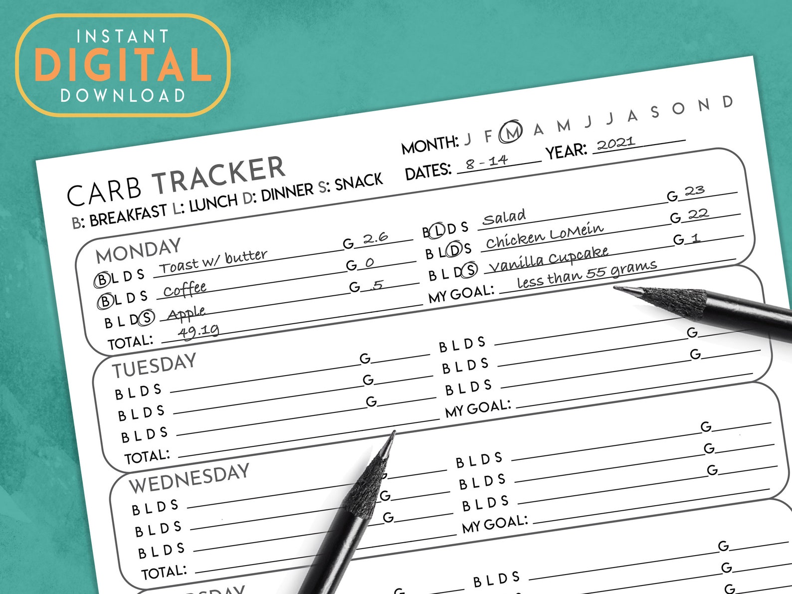 Carb Weekly Tracker Digital Download Printable Healthy Etsy