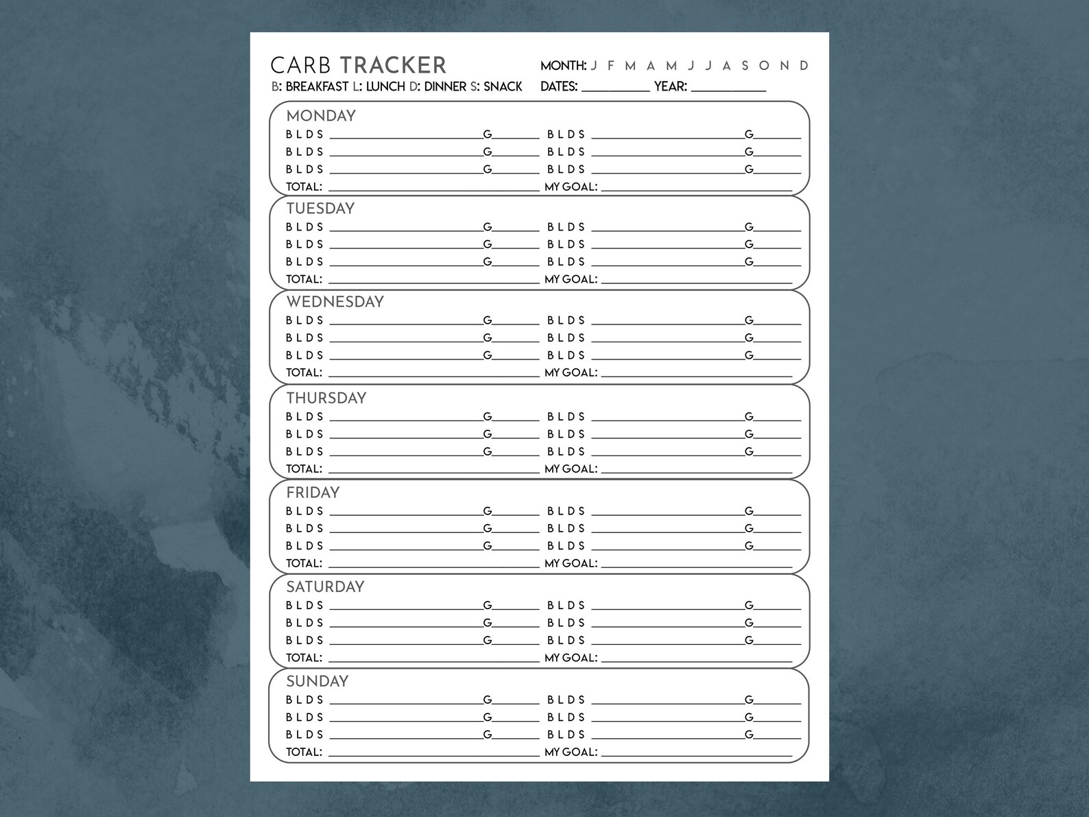Carb Weekly Tracker Digital Download Printable Healthy Etsy