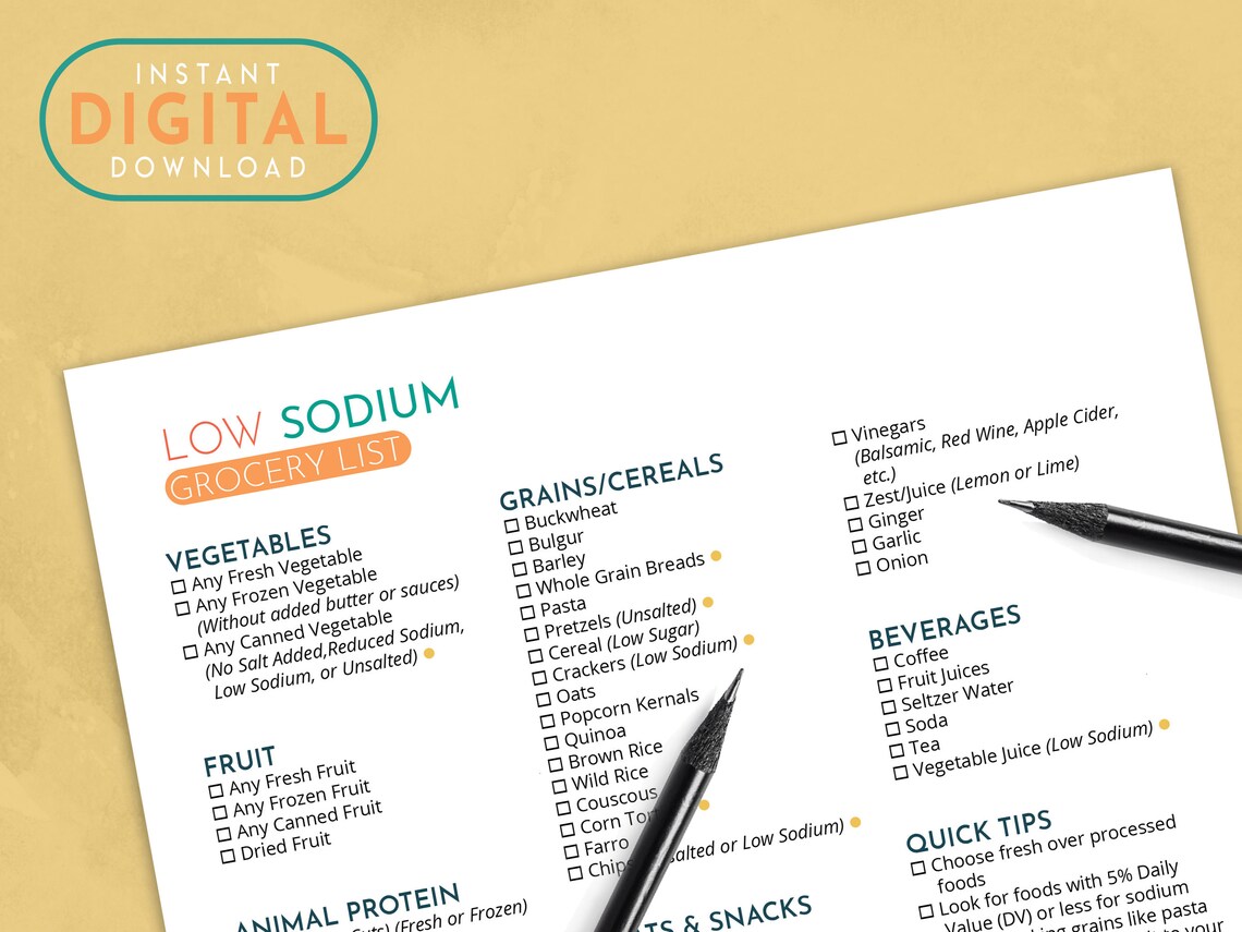 Low Sodium Diet Grocery List Weekly Tracker, Kidney Friendly Food List