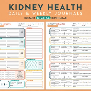 Niergezondheid Daily + Weekly Journal, dieet volgen, bloeddruk, medicijnen, voedingslijst, nierdieet, nierbewustzijn, afdrukbare pdf