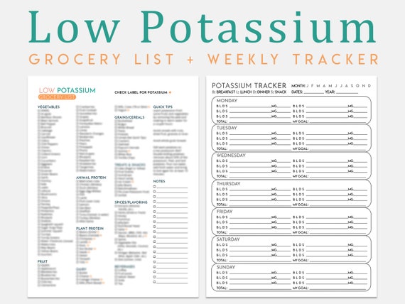 Low Potassium Diet Grocery List Weekly Tracker A4 & US Letter Printable PDF  -  Canada