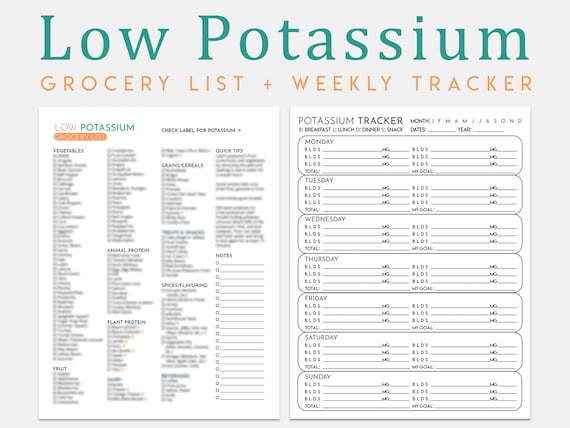 Low Potassium Diet Grocery List Weekly Tracker A4 & US Letter Printable PDF  -  Canada