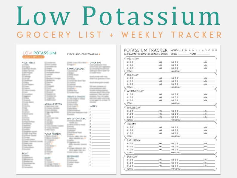 Low Potassium Diet Grocery List Weekly Tracker, Kidney Friendly Food