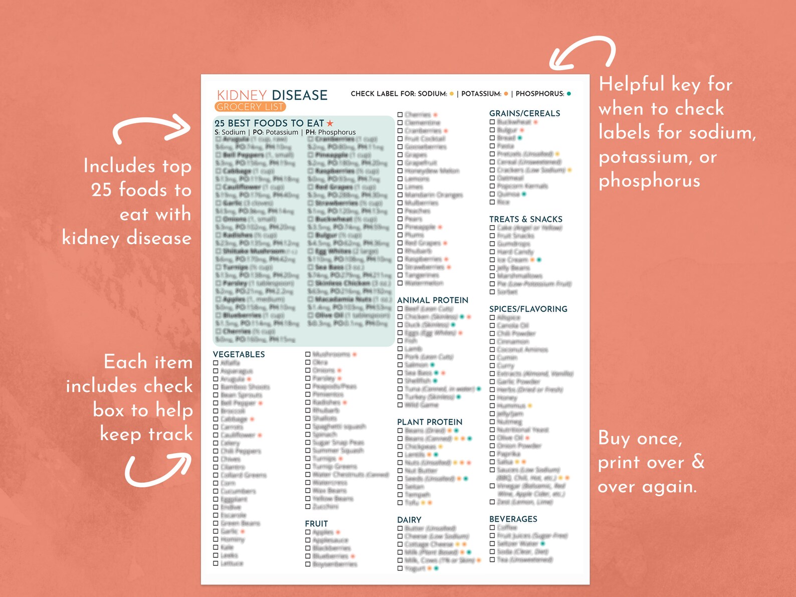 Kidney Disease Grocery List + Weekly Tracker, Kidney Friendly Food List ...