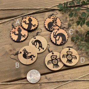 Handmade Wood Aztec Symbols Wood Earrings