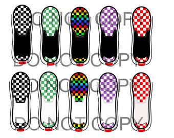 May include: Eight pairs of black canvas shoes with different colored checkered patterns on the toe. The patterns include black and white, green and white, rainbow, purple and white, and red and white.
