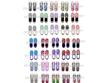 May include: A set of 20 pairs of sneakers with various colorful and patterned designs. The sneakers are all low-top and have a white sole.