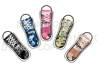 May include: Five pairs of sneakers with different camouflage patterns. The sneakers are all white with black laces and a black star logo. The camouflage patterns are blue, pink, green, brown, and black.