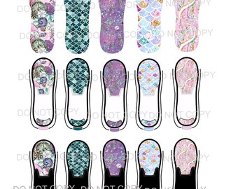May include: Set of 12 shoe decals featuring mermaid-themed designs. The designs include seashells, mermaid scales, and glitter. The decals are in shades of pink, purple, blue, and green.