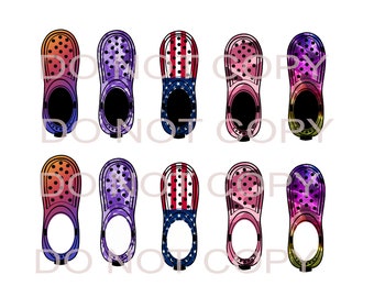 May include: Ten pairs of colorful clogs with different patterns, including tie-dye, camouflage, and American flag designs.